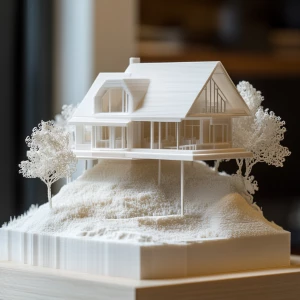 3D printed scale model of a house being displayed as art