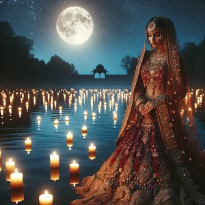 Create an image of a traditional Indian bride dressed in an orna...