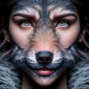 A woman's face transforming into a wolf's snout, ultra-detailed,...