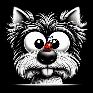 A whimsical goofy looking black and white yorkie dog with big bu...