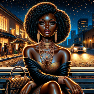 Airbrush Style: innner City nightclub landscape. A beautiful Afr...