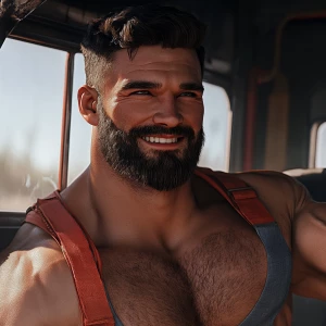 White muscular thin man with beard, big chin, smile and cheekbon...