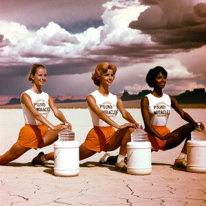 Create a candid color-film snapshot from 1972 of three beautiful...