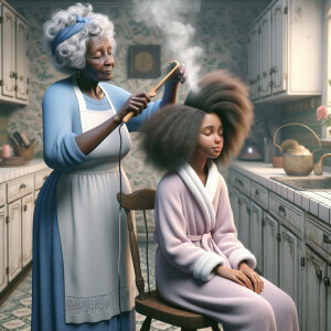 Create a realistic 3-D image of an african-American grandmother wearing a blue house dress and a white apron . She is in the kitchen with her african-American granddaughter. Her granddaughter is wearing a pink bath robe. The grandmother has a hot comb in her hand and she is straightening her granddaughters hair. One side of her granddaughters hair is in  a Afro the other straight 
There is smoke coming from the hot comb
The granddaughter is making a face