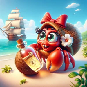 Create a charming cartoon image of a female red hermit crab, coc...