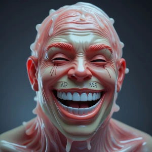 Bizarre  gelatinous smile now cry later mask, electrifying, ultr...