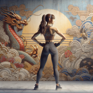 Athletic Thin skinny Attractive, Asian teenage girl, long brown hair and bangs, wearing tight skinny jeans and a halter top paint marks on her clothing, heroic pose Asian graffiti background, backside view