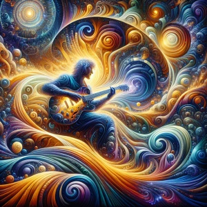 An energetic concert scene with a musician playing a glowing guitar, surrounded by a pulsating, psychedelic backdrop of abstract waves and shifting geometric patterns