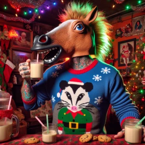 A photo of a Caucasian male with a horse head mask and tattoos w...