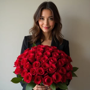 A photograph of a fashionable young woman holding a large bouquet of one hundred roses.