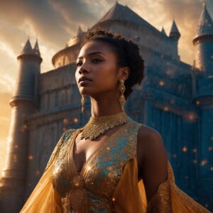 Visualize a striking Afrocentric Mixed Ethnicity woman standing...