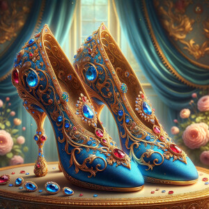 Imagine a pair of enchanting shoes, each a mirror image of the other, placed gracefully upon a regal surface. They are bathed in the soft, diffuse light that casts gentle reflections upon their silk fabric. These shoes are no ordinary footwear; they are a masterpiece of vibrant royal blue, adorned with ornate golden filigree and a multitude of glittering jewels in various hues—rubies, sapphires, emeralds, and delicate pink diamonds. Each shoe boasts an elegant, curved heel in a matching vivid blue, with tiny red and blue gems accenting the base. The shoes are positioned against a backdrop of soft-focus flowers, their pastel colors complementing the rich tones of the shoes, with hints of gold framing providing a touch of opulence. This image captures the essence of a fairy tale brought to life, a visual symphony of color and splendor.