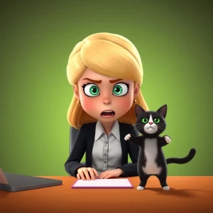 A cartoon of a blond girl with green eyes sitting at a neat a cl...