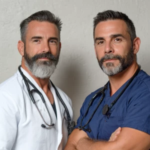 The image shows two bodybuilders middle-aged men wearing a white...