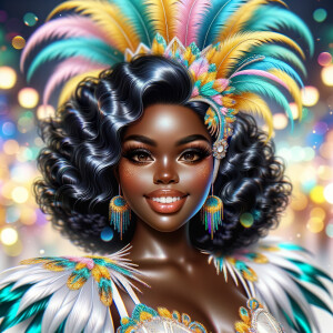 Create a 3-D  vivid full-body view of a colorful glossy hyper-realistic oil painting of a detailed illustration full length photo single image of a beautiful African-American caramel skinned woman plus sized, with long, black, wavy hair, her make up is airbrushed and flawless, she is dressed in a white, teal and yellow large, elaborate, elegant, very detailed carnival costume with colorful African-American pink, blue, gold yellow green feathers, flawless makeup, prominent lashes, black peep toe heels, white pixie hair, background bokeh, she is stunning and smiling, digital art.