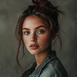 a woman, look to the camera, Messy Bun hairstyle, casual