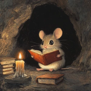 A small mouse, light brown and gray in color, is depicted in a stylized illustration. The mouse is seated in a dark cave-like opening, positioned slightly to the left of center within the frame.  It is holding an open, reddish-orange book, with the mouse's attention directed towards the book.  The mouse's expression is contemplative and focused, with large, dark eyes.  The mouse's body is proportionate and rounded, with visible paws and subtle fur details.  A small, lit candle is visible to the mouse's left, along with stacks of books. The background is dark and shadowed, contrasting with the light from the candle and the mouse's position.  The style is illustrative and painterly, reminiscent of a detailed colored pencil or pastel drawing.  The lighting is soft, highlighting the mouse and the book, creating a warm atmosphere.  The composition is well-balanced, focusing the viewer's attention on the mouse engrossed in reading. The perspective is slightly above the mouse, drawing attention to the scene as if peering into a small cave.  The overall style is quiet and engaging.