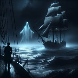 The ship sails at night. There is one person standing on it. And...