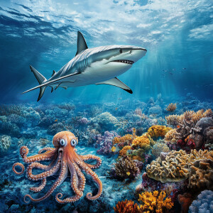 Design an image of a shark gliding elegantly through clear blue...