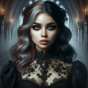 Create an image of a Mexican girl featuring cat eye makeup, with...