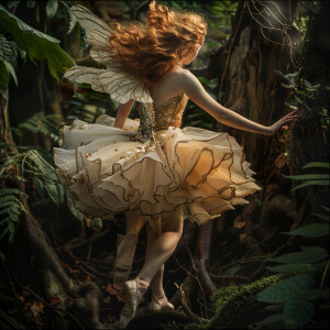 A photo realistic full body image. A light ginger fairy flouncin...