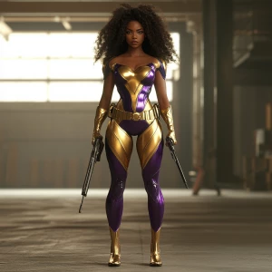 Capture a wide camera angle of a superheroine standing in an emp...