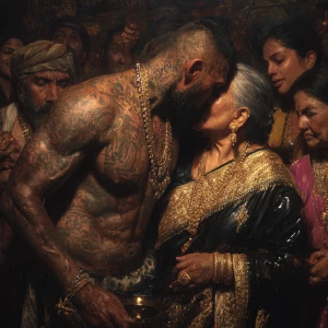 Hyperrealism .a muscular beefy sweaty tattoed indian man enjoyin...