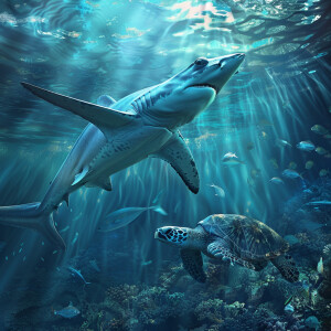 Hammerhead shark with a sea turtle shell and sea turtle fins. Ul...