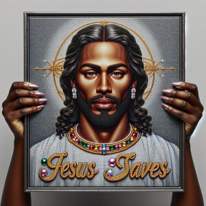 A 3D realistic artwork featuring the phrase 'Jesus Saves' adorne...