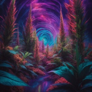 “Illustrate a surreal, otherworldly canna strain called ‘3D Land...