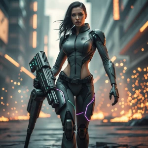 "A futuristic cybernetic woman with a sleek, high-tech prostheti...