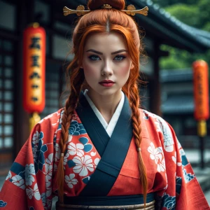 Gorgeous redhead woman samurai traditional Japanese style