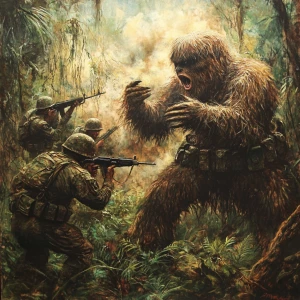 a humanoid hair coverederd sasquatch fighting 1969 us army men i...