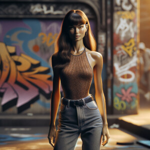 Athletic Thin skinny Attractive, Asian teenage girl, long brown hair and bangs, wearing tight skinny jeans and a halter top paint marks on her clothing, heroic pose Asian graffiti background, backside view