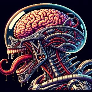 Biomechanical alien creature in side profile with a partially tr...