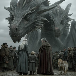 Lowland village under a grey, ash-muted sky. Pale-faced elders s...