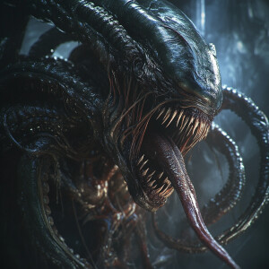 A chilling dark fantasy scene depicting a highly detailed alien...