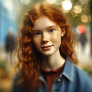 Create an image of a 16-year-old girl with red hair and freckles...