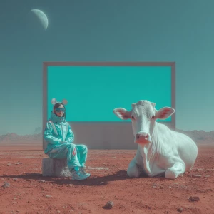 Surreal cinematic scene on Mars — a woman in a sleek teal suit w...