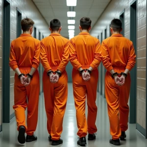 4 Caucasian male teenagers, wearing orange jumpsuits, walk in li...