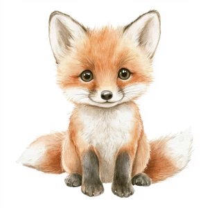 Simple style, watercolor illustration, baby fox
 looking forwar...
