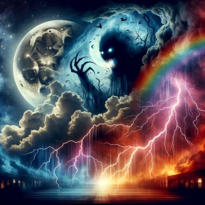 Double exposure horror thunderstorm rainbow entity