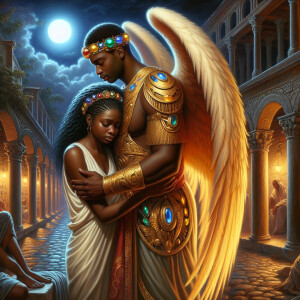 Create an oil painting image featuring a male angel and a grievi...