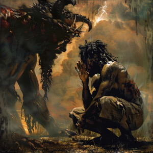 African-American demon man handsome on his knees and Black Jesu...
