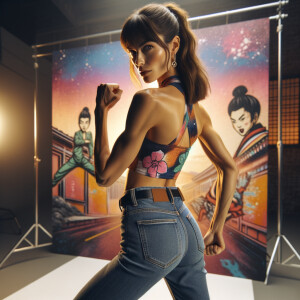 Athletic Thin skinny Attractive, Asian teenage girl, long brown hair and bangs, wearing tight skinny jeans and a halter top paint marks on her clothing, heroic pose Asian graffiti background, backside view