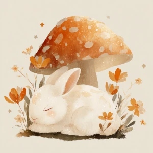 Cute fluffy rabbit sleeping peacefully under large spotted mushr...