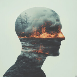 Surrealist humanoid, contrasting textures and elements, fire and...
