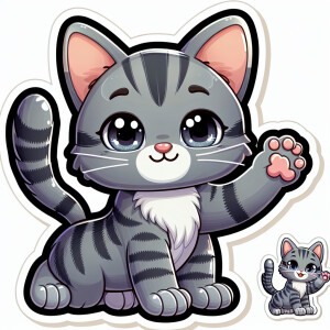 Sticker. A cute gray kitten with dark stripes smiles and waves h...