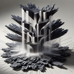 Create a design for a floating waterfall fountain featuring segm...