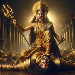 portrait of angry looking, indian goddess straddling a defeated...